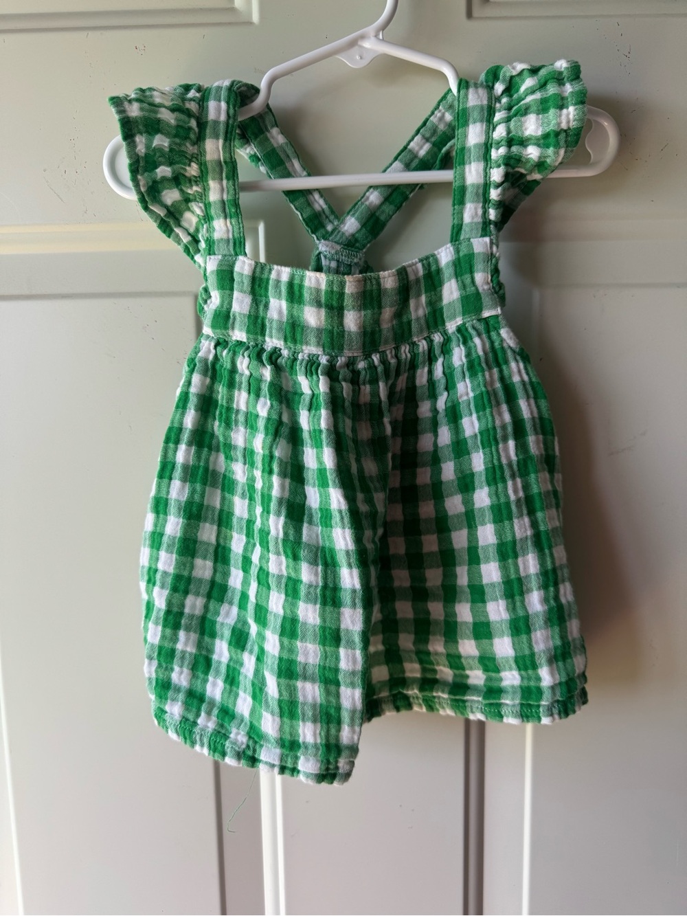 Green Gingham Kids Tank with Cross-Back Straps & Buttons down the back